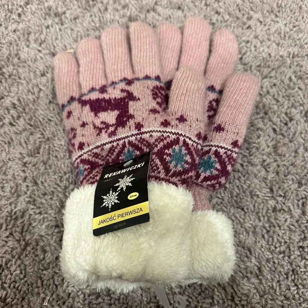 Winter Knit Faux Fur Lined Fair Isle Gloves Cozy Cabin Core Women's Medium